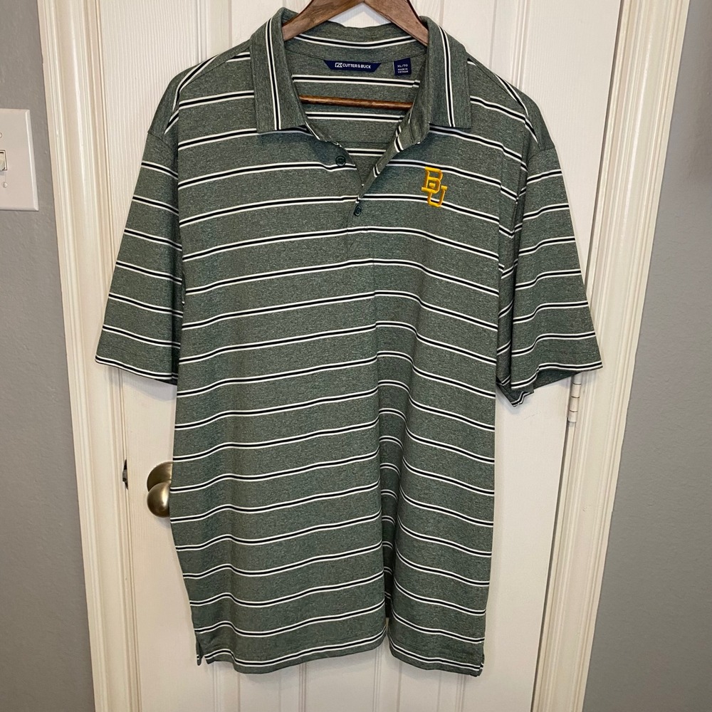Cutter & Buck Baylor Bears Mens XL Polo Shirt Green Striped Short Sleeve Golf BU
